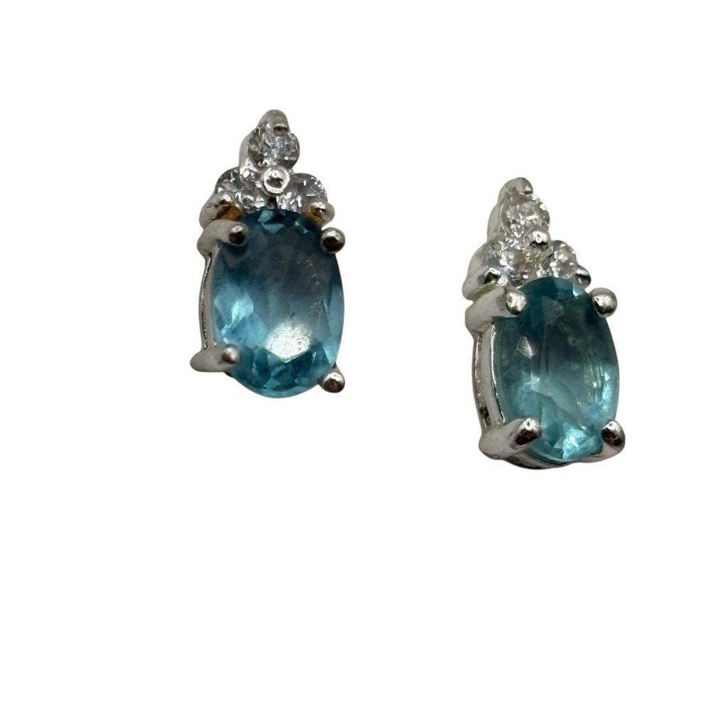 Stimulated Aquamarine Stud‎ Earrings Sterling Sliver 925 CZ Accents Post by FAS - Picture 3 of 14